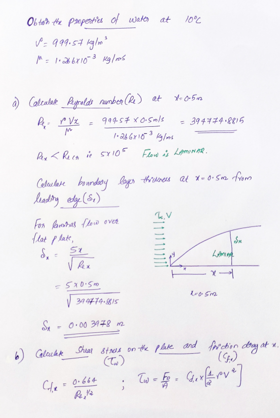at 10°C Ob to) the properties of water v=999.57 kg/m² M=1.266818-3 Kg/ros 3 = a) Calculate Reypalde number Re) at x=0.5m Per