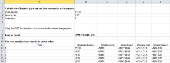 2 Calculation of interest payment and loan amount for each payment 3 Loan amount 67500 4 Interest rate 0.07 3 Loan term Using