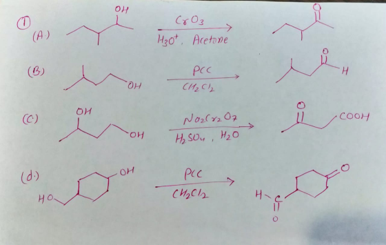 CrO3 H₂ot, Acetone PCC СИ, c, COOH Na2Cr2O7 H₂SO4, H₂O OH OH (d) PIC си,Cl, HON