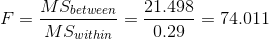 F = \frac{MS_{between}}{MS_{within}} = \frac{ 21.498}{ 0.29} = 74.011