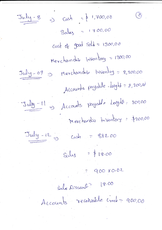 July - 8 ) Cash :$ 1,700,00 @ Sales > 1700,00 cost of good sold = 1300,00 Merchandeir inventory = 1300,00 July-og > Merchandi