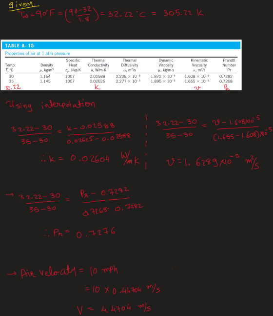 given To = 90F = 190-32) = 32.22 C = 305.22 k TABLE A-15 Properties of air at 1 atm pressure Specific Density Heat T, °C p, k
