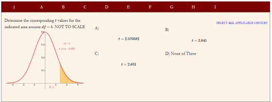 Determine the corresponding t values for the indicated area assume df -5. NOT TO SCALE SELECT ALL APPLICAELE CHOICES A) B) t 2.570582 t 2.641 0.3 df-5 a area -0.025 C) D) None of These 0.2 t 2.631 0.1