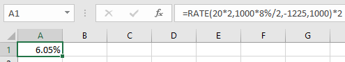 A1 X fac =RATE(20*2,1000*8%/2,-1225,1000) *2 D E F G B C A 6.05%! 1