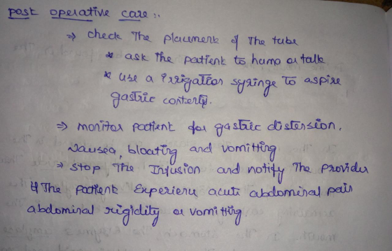 post operative care & check The placemerk & The tube de ask the patient to hama a talk & use a crrigation syringe to aspire g