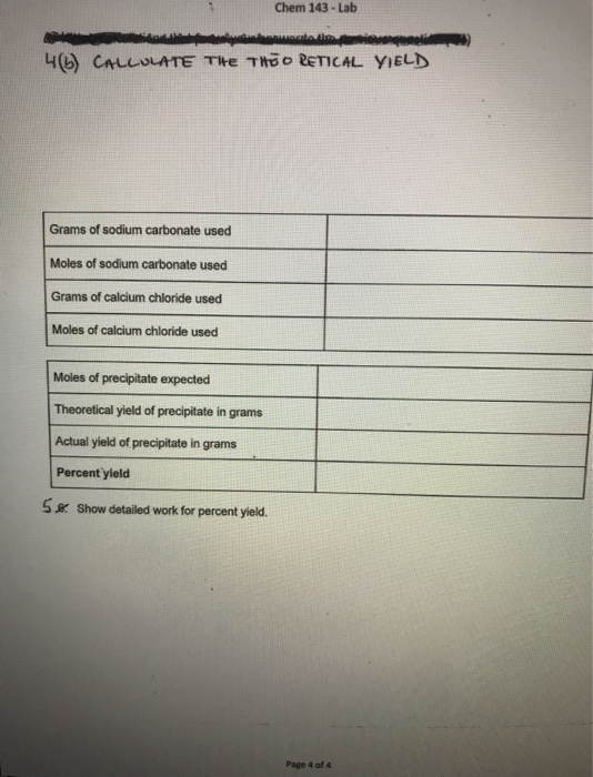 Chem 143 - Lab what the 46 CALCULATE THE THOO RETICAL YIELD Grams of sodium carbonate used Moles of sodium carbonate used Gra