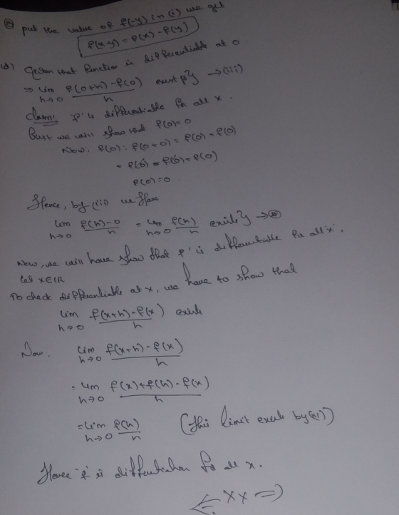 put the value of fl-y) in (6) we get that Ranction en differentiable at o Now, floli foto) = f(0) + f(o) flny) - P(x)-f(y) Ge