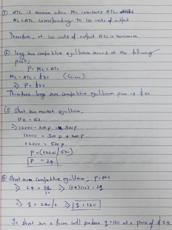 0 ATC is minimum when Me intersects ATC pats MC = ATC corresponding to loo units of outfart Therefore, at lo units of output