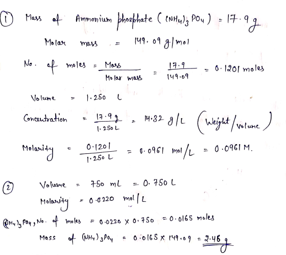 0 Mass of of Ammonium shoephate ( enHy)Pou) c 17.9 .ag Molar тр 149.09 g/mol No. of moles Mass 17.9 149.09 0.1201 moles Molas