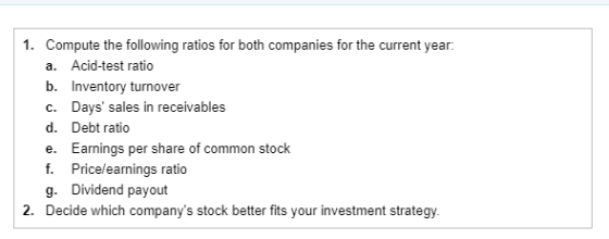 1. Compute the following ratios for both companies for the current year a. Acid-test ratio b. Inventory turnover c. Days sales in receivables d. Debt ratio e. Earnings per share of common stock f. Price/earnings ratio g. Dividend payout Decide which companys stock better fits your investment strategy 2.