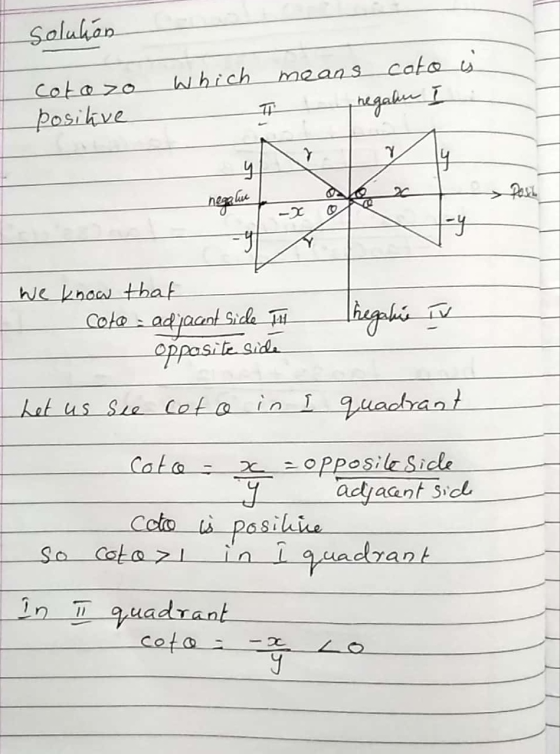 Solution Cotozo which positive means cato is T negaliu į I we know that coto - adjacent side 1 opposite side Let us see loto
