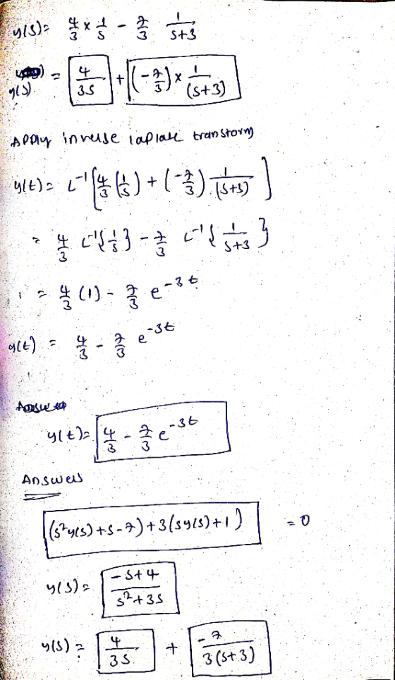 S+3 . 4 3S (s+3) · (1) - T e3 use * - yle) (SA) 놀3출늠3 Apply innelse iaplace transtorns 1. 3 4 의 Me) Asus 36 YE) [4 Answew 0