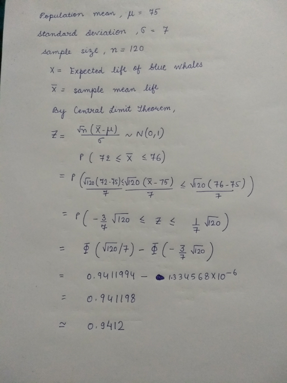 Population mean. , μ = 45 sample sine , n 120 xExpected i ot e whales x= samale mean life NO - チチ 斗. NI20 o.94 1198 o. 9412