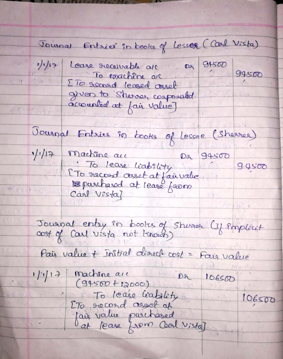 Vournal Entries in booke of Lessor ( Cal Vista) /19 Lease receivable arc Dx 345.00 - To roachine air 94500 Eto record leased