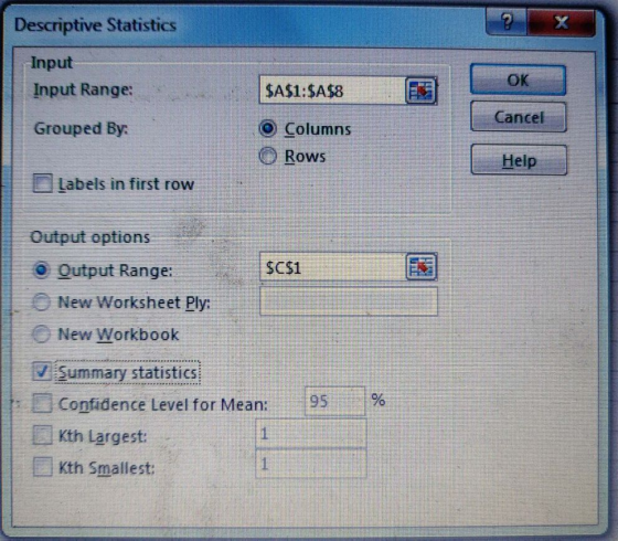 Descriptive Statistics Input OK Cancel Heip Grouped By: O Columns Rows Labels in first row Output options O Output Range: $C$1 New Worksheet Ply: New Workbook Summary statistics fi: Confidence Level for Mean: -195 196- Kth Largest Kth Smallest