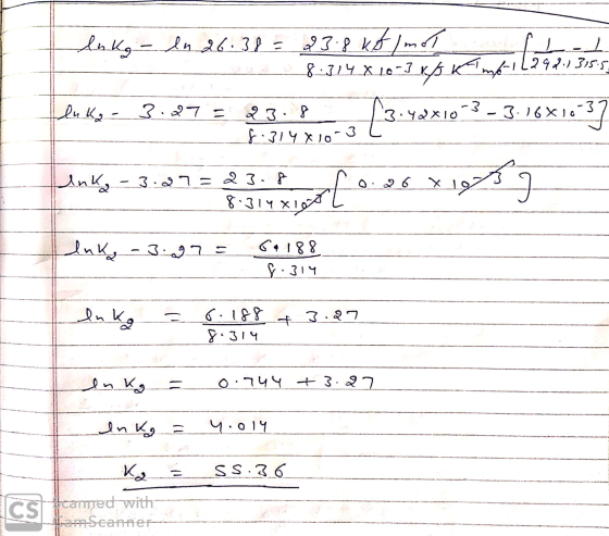 lnko - ln 26.38 = 23.8 kb/mol l at 08.314 x 10-3KA KATmb-12291 fluks 3.87 = 23.8 13:40210-3 - 3.16X10337 8.314610-3 Link 3.27