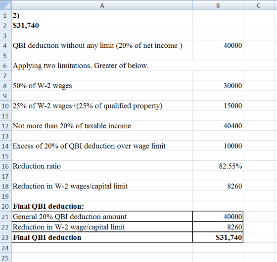 c 1 2) 2 $31,740 4 QBI deduction without any limit (20% of net income ) 40000 6 Applying two limitations, Greater of below. 7