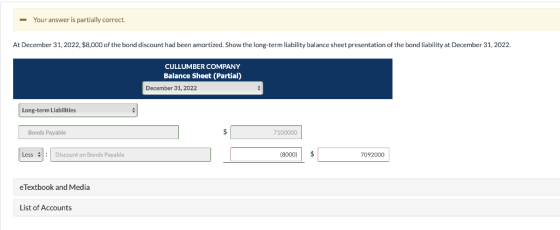 - Your answer is partially correct. At December 31, 2022, $8,000 of the bond discount had been amortized. Show the long-term