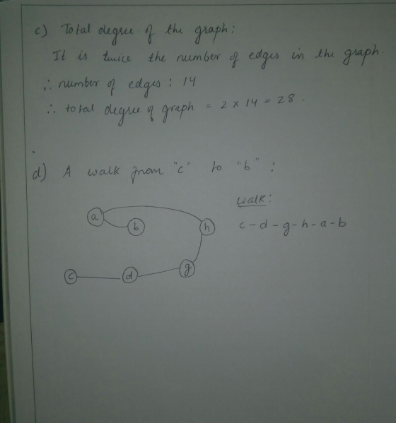 c) To tal clege the qraph ice the number d ed umbuY s19 aph 2 x 14 = 28 d) A walk anom walk : cdgh-a-b ol