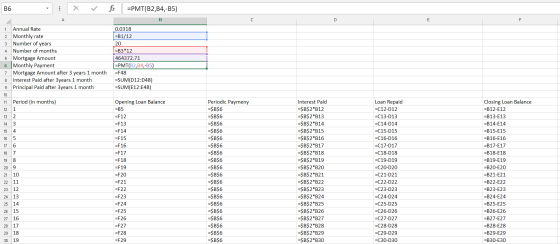 =PMT(B2,B4,-B5) B6 A В C E F 1 Annual Rate 2 Monthly rate Number of years 0.0318 |=B1/12 20 3 |=B3*12 Number of months 4. 5 M