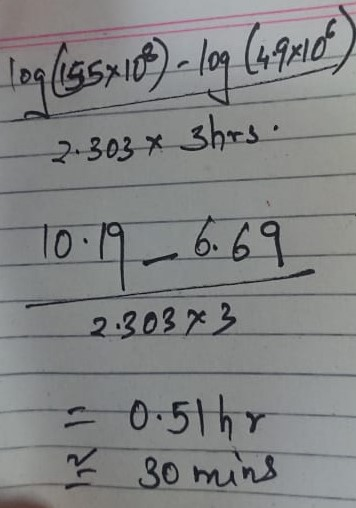 loq (195*10%) = 100 (4.910) 2.303 x 3hrs. 10.196.69 2.30373 - 0.51hr ¥ 30 mins