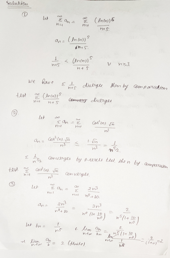 Converges by p-series test, then by comparison, Solution Let E an= TM8 (Inchis nal nis. an= (lnings An 45. < Anons his N73 ne