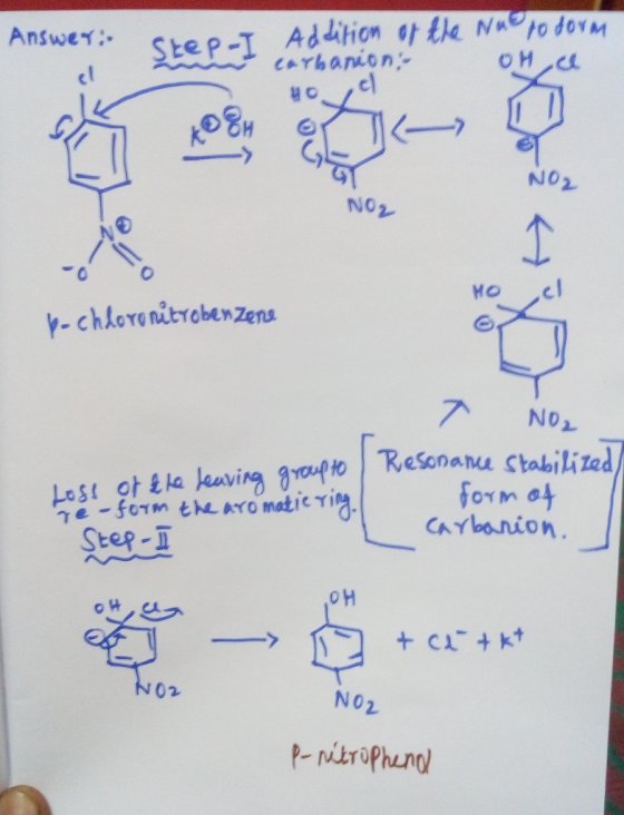 Answer: Skep-T cl NO2 NO2 0 o 0 y-choronitrobenzens Les( Oh4k leving gropt Resonanu stabilized/ form SteR - 애 吃&z N02