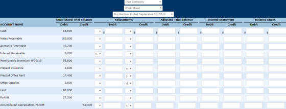 Diaz Company Work Sheet Unadjusted Trial Balance Debit Credit For the Year Ended September 30, 2016 Adjustments Adjusted Tria