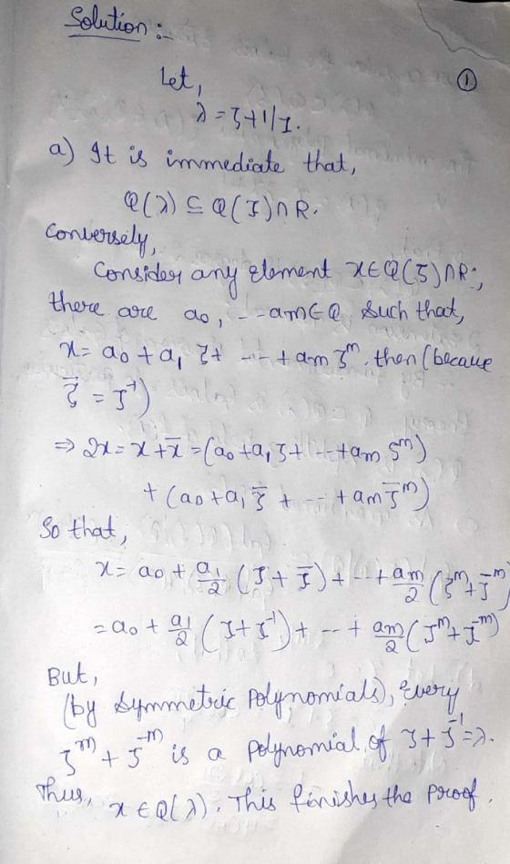Solution : Let, 0 9=5+111. a) It is immediate that monterat Q() SQ (I)R. Conversely Consider any element REQ (5) DR, there ar