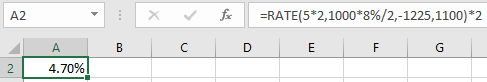A2 X fi =RATE(5*2, 1000*8%/2,-1225, 1100)*2 B C D F G A 4.70%! 2