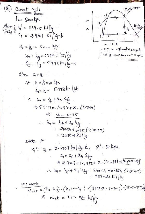 P2=83=5mpa @ Carnot cycle 12= soookpa se = 154.5 kulla Sy = 2.9207 65196 os P2 = 121= 5000 lepa 1-2-3-4 Rankine Cycle hac hg
