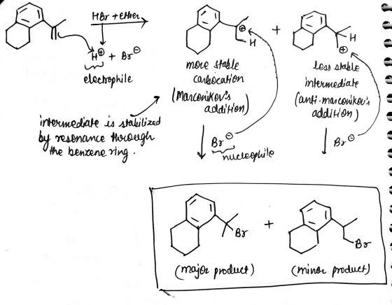 HBr + ether By Tethery Get ou t re the + Bro U electrophile more stable Carbocation (Marconikovs i Addition) less stable int