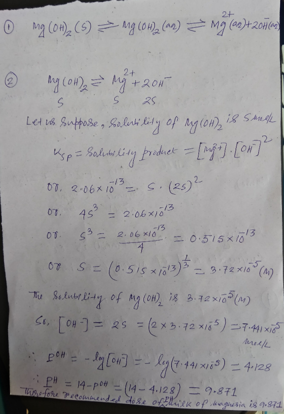 24 0 Mg (01), (5) = Mg (OH)2 (aq) = mg (22)+2017cm 00. -13 2-06 X 10 3 ② mg (0) Mg + 2010 S S 25 Let us suppose, Palivility o