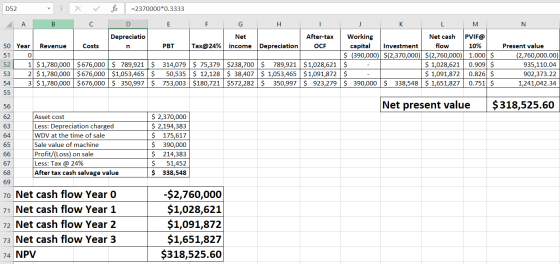 - 2370000*0.3333 D52 A В C G н K M N Working After-tax Net cash PVIF@ Depreciatio Net ОCF 10% capital flow 50 Year Revenue Co