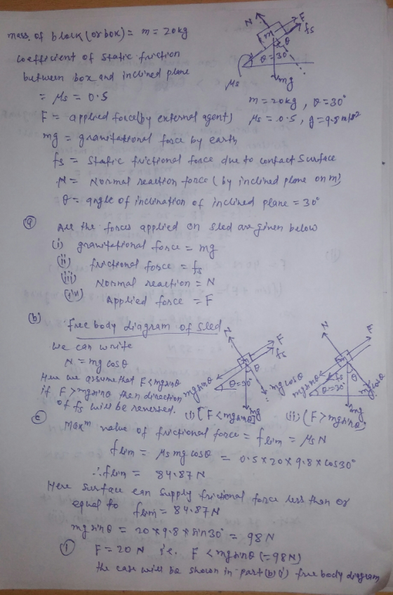 mass of block (or box) = m = 20kg Coeffe cent of stafie friction butween box and inclined plane Me ting Ms = o.s marokg, 8=30
