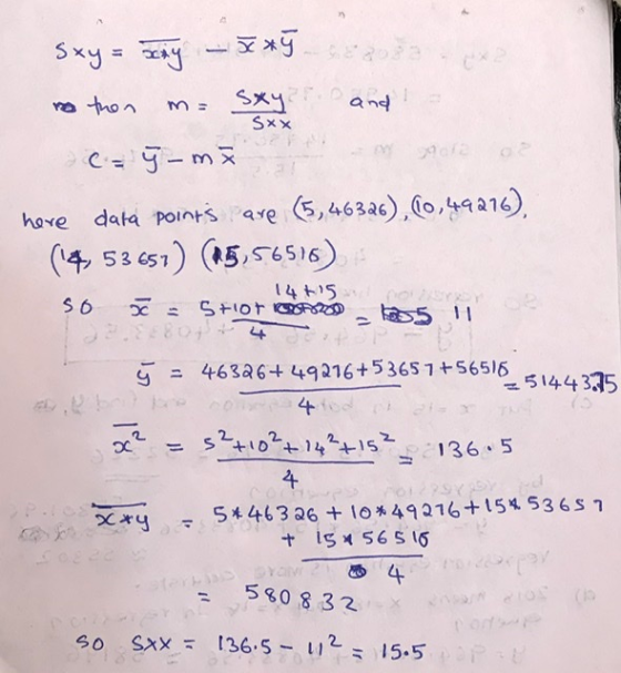 Sxy= ny %3D Sxy and! Sxx no then heve data points Pare (5,46326),Co,49216), (4 53 651) (15,56516) 14t15 SO 5 || 5 = 46326+ 4