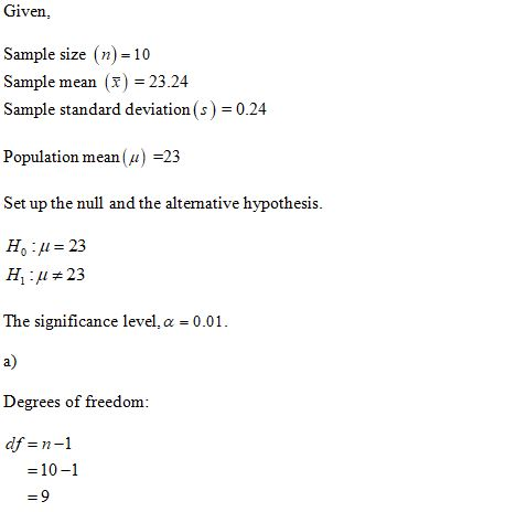 Given. Sample size (n)= 10 Sample mean (7) = 23.24 Sample standard deviation(s) = 0.24 Population mean(u) =23 Set up the null
