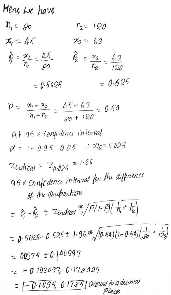 Here we have n = go n = 120 X2 = 63 = 45 =91 - 45 ni X2 n 63 120 -0.5625 -0.525 45+ 63 P = x + K2 nath 0.54 sot 120 At 95% co