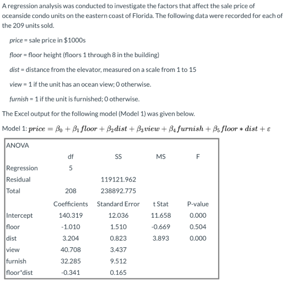 Aregression analysis was conducted to investigate the factors that affect the sale price of oceanside condo units on the east