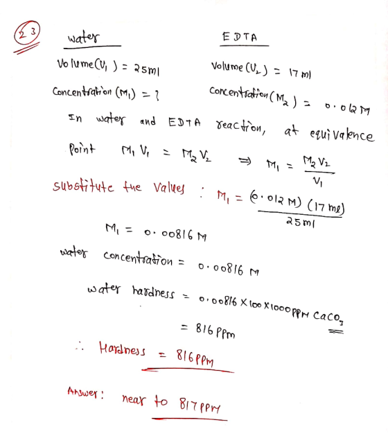 water ЕРТА concentration (MA) = Volume cu ) = 25ml Volume (UZ) = 17 ml Concentration (M) = ? in water and EDTA reaction, at e