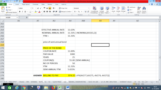 BOND - Microsoft Excel (Product Activation Failed) Add-Ins File Home Insert Page Layout Formulas Data Review View - 2x % Cut