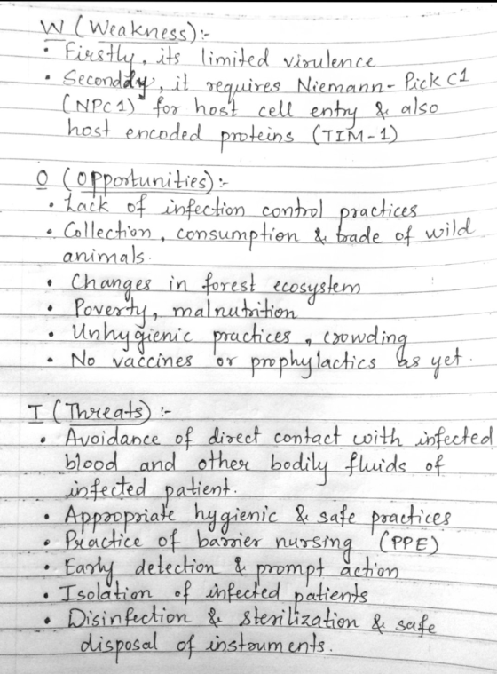 W (Weakness): Firstly, its limited virulence • Secondely, it requires Niemann. Pick C1 (NP(1) for host cell entry & also host