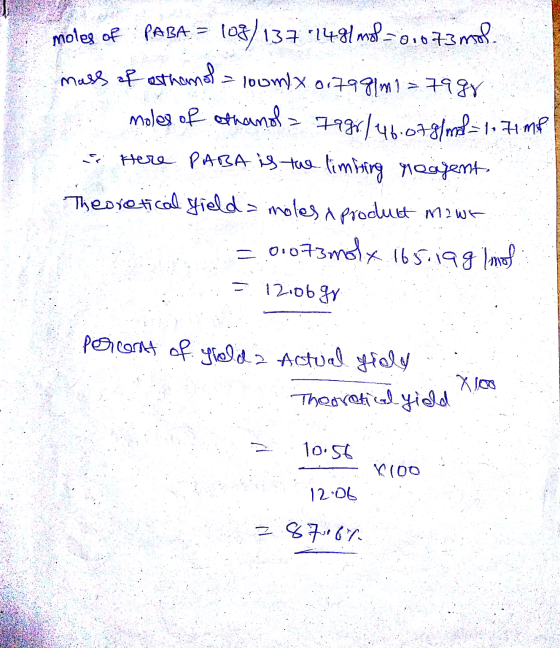 16 moles of PABA = 108/137 148/mol = 0,0.73 mob. mass of asthanol = 100m x 0,799|m1=7998 . moles of ethanol = 7995/46.079/ml