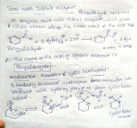 Text with Tollens reagent: e Benzaldehyde acidized to benzoic acid with Tollens xeagent, which gives & silver mirror along
