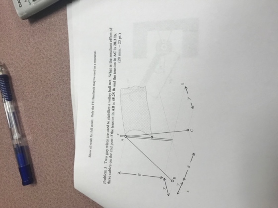 Show all work for fall credit Only the FE Handbook may be used as a resource. Problem 3 Two guy wires are used to stabilize a volley ball net. What is the resultant effect of these cables on the end post if the tension in AB is 45.25 Ib and the tension in AC is 28.3 lb. (20 min.-25 pt)