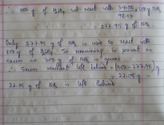 i 30 g of 14.50 will react with 34006 800 g Ny 98.03 < = 277,95 9 of Nity Only 277.95 g of Nithy is used to react with 800 of