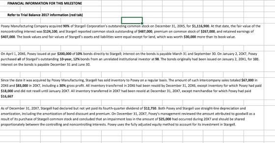 FINANCIAL INFORMATION FOR THIS MILESTONE Refer to Trial Balance 2017 information (red tab) Posey Manufacturing Company acquir