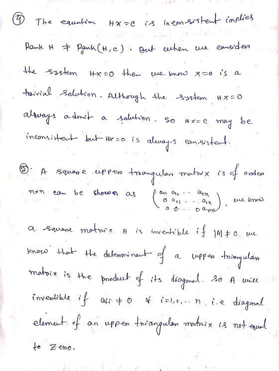 (Ď The equation HхгC is ineen-sistent implies Rank it & Rank (H, c): But when we considen the system HX=0 then we know X20 is