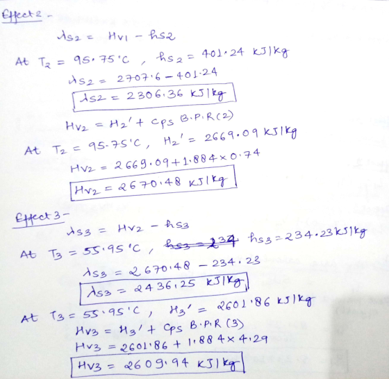 At T = 55.95°C 1 Effect As2 = Hvi hsa At Ta 95.75°C hs2=401.24 kJ 1kg is2= 2707.6 - 401.24 ds2 2306.36 kJ 1 kg Hv2 Hv2 = H2