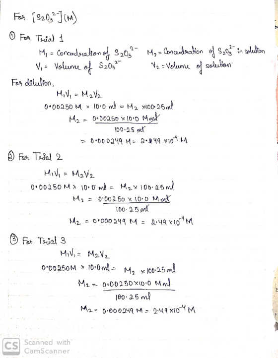 For [S2.032.J(M) 0 For Trial 1 My = concentration of 520² - My = concentration of 520 in solution Vi= Volume of S203² V2 = Vo